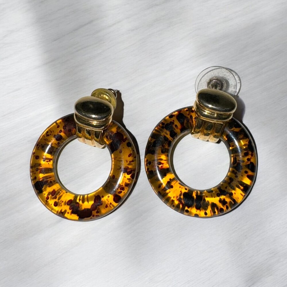 Pierced Earrings Hoops Amber Color Black Flecks Acrylic Fall Costume Jewelry